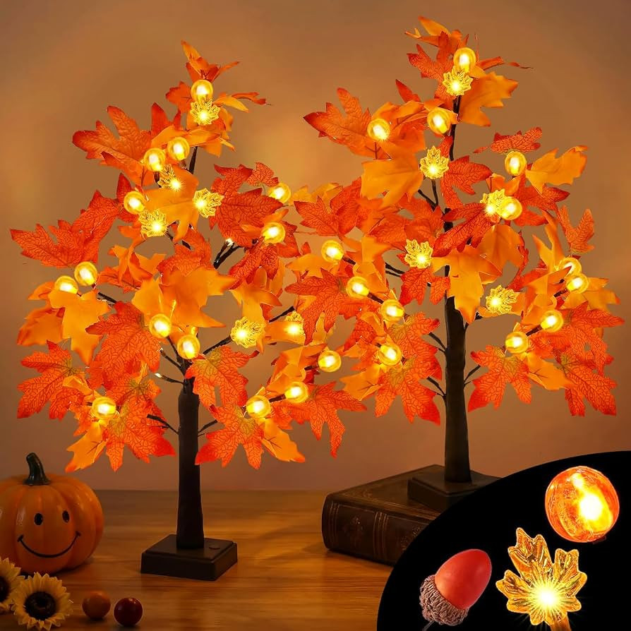 2Pack Fall Lighted Tree with 48 LEDs Battery Operated,Fall Decorations Light Up Artificial Pumpki... | Amazon (US)
