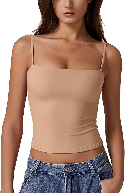QINSEN Women's Double Lined Basic Tank Top Adjustable Spaghetti Straps Sleeveless Camisole Shirts | Amazon (US)