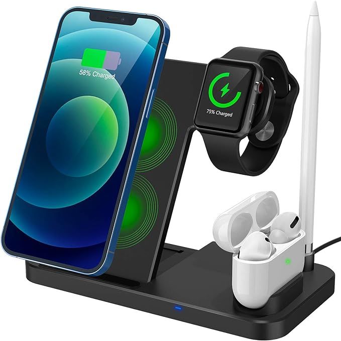 Wireless Charging Station, 4 in 1 Qi-Certified Fast Wireless Charger Stand Dock for iWatch Series... | Amazon (US)