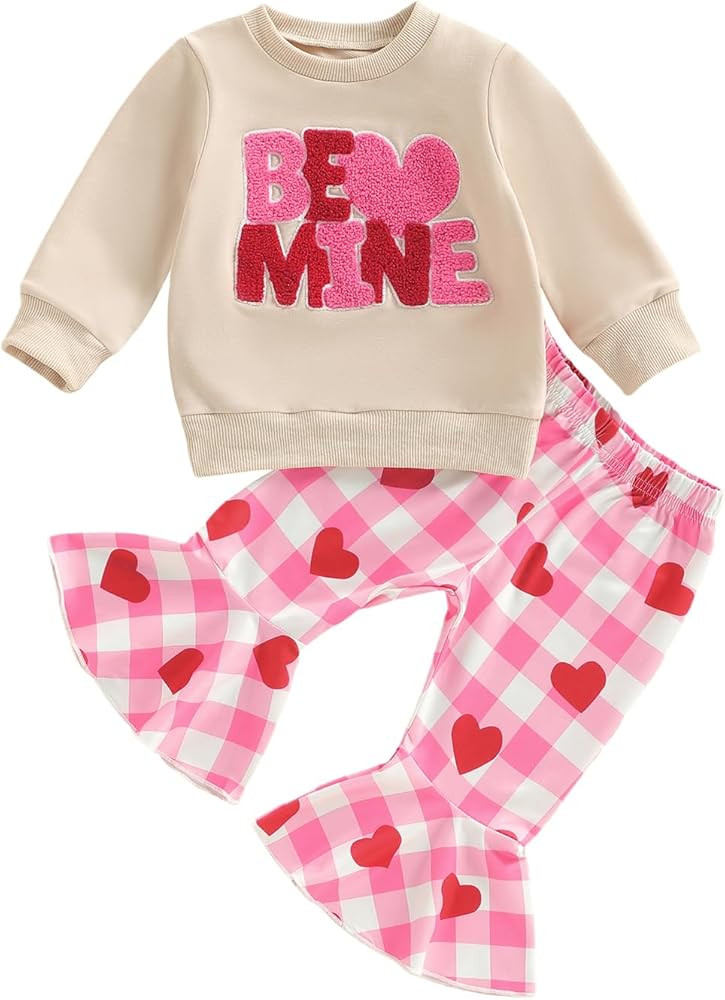 BemeyourBBs Toddler Girl Valentines Outfit Baby Girl Crewneck Sweatshirt Top Flared Pants Set 2 P... | Amazon (US)