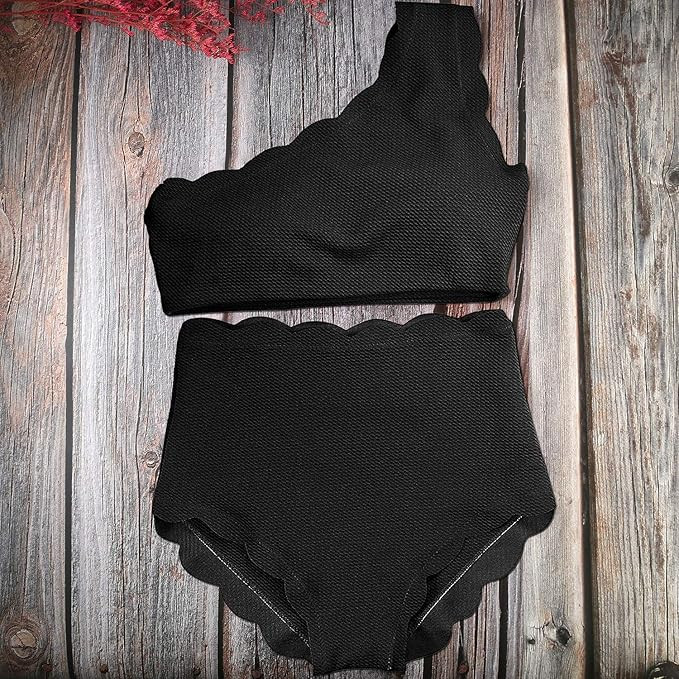 High Waisted Bikini Set One Shoulder Vintage Scalloped Flounced Swimsuit Wavy Edge Swimwear | Amazon (US)
