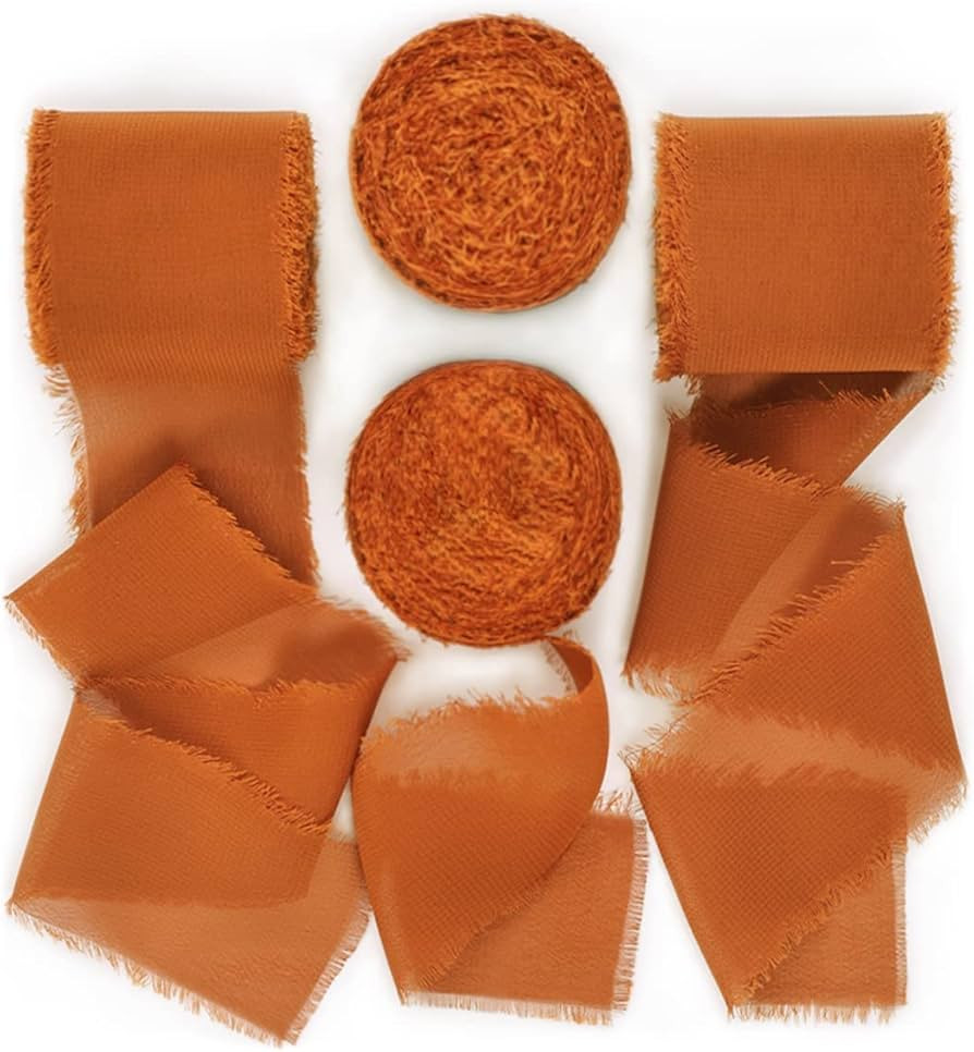 Socomi Terracotta Handmade Fringe Chiffon Silk Ribbon 1-3/4" x 7Yd, 4 Rolls Frayed Ribbons for We... | Amazon (US)