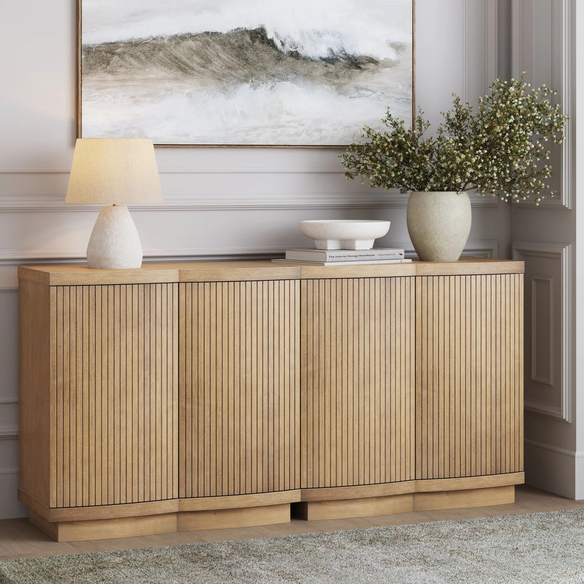 Mid-Century Modern Wood Fluted Cabinet Credenza Light Brown (Set of 2) | Nathan James