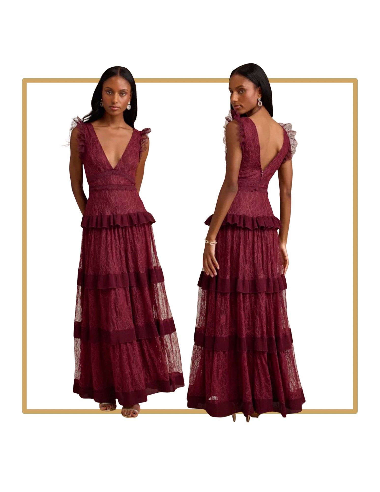 Burgundy tiered ruffle maxi dress. Christmas holiday event new years eve wedding guest dress.

#LTKCyberWeek #LTKHoliday #LTKWedding