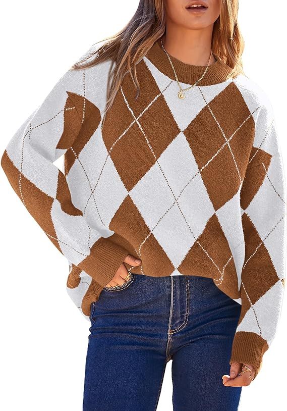 BTFBM Womens Sweaters Fall 2023 Argyle Oversized Sweater Crew Neck Long Sleeve Pullover Knit Plai... | Amazon (US)