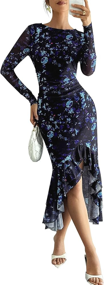 ECOWISH Women's Ruched Bodycon Maxi Dress 2025 Long Sleeve Ruffle Hem Mermaid Dress Formal Cockta... | Amazon (US)