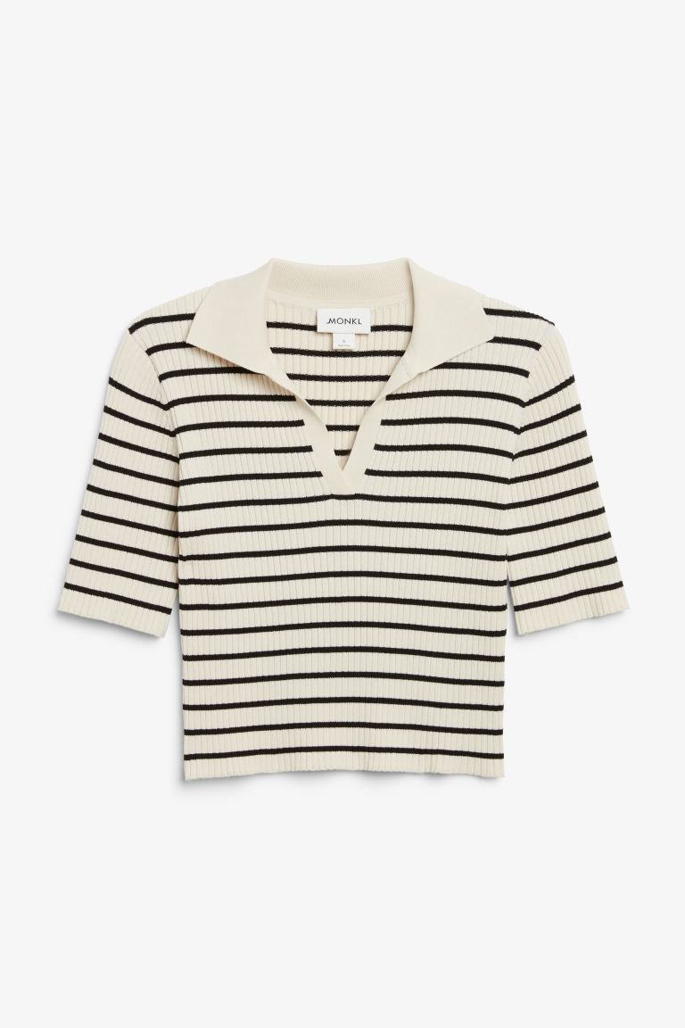 Ribbed short sleeve polo top - Off-white & black - Ladies | H&M GB | H&M (UK, MY, IN, SG, PH, TW, HK)