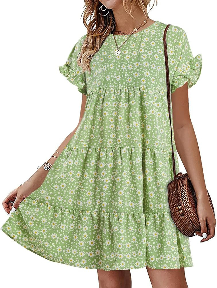 Chuanqi Womens Ruffles Boho Floral Printed Babydoll Loose Swing Casual Short Mini T-Shirt Dress | Amazon (US)