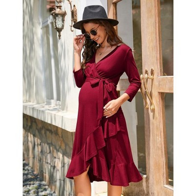 Women's Maternity Dress Ruffle Hem V Neck 3/4 Sleeve Midi Dress for Photography Babyshower X-Large Burgundy | Target