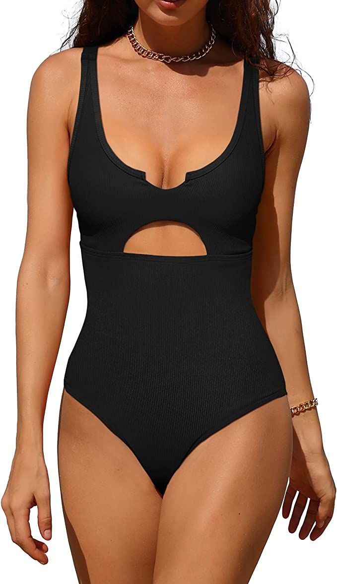 Charmo Ribbed One Piece Swimsuits for Women Cutout Scoop Neck Bathing Suit High Cut Padded Monoki... | Amazon (US)