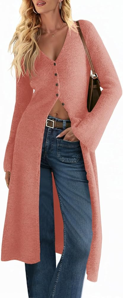 Saodimallsu Womens Long Cardigan Sweaters Oversized Bell Sleeve Open Front Button Down Casual Kni... | Amazon (US)