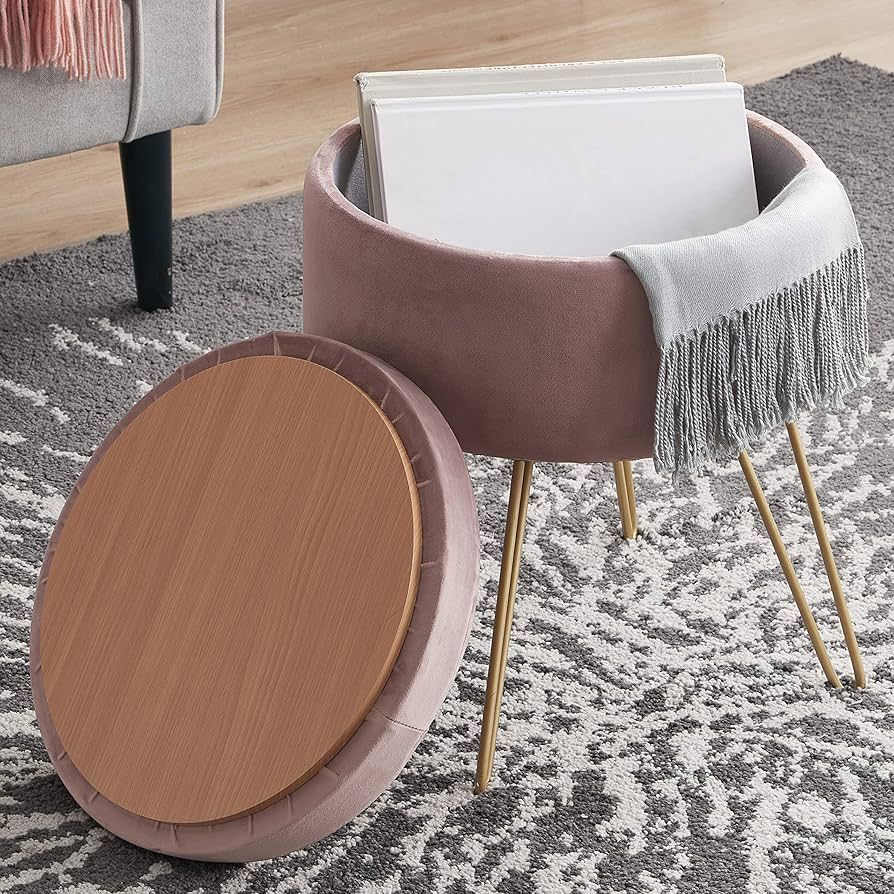 Ornavo Home Modern Round Velvet Storage Ottoman Foot Rest Vanity Stool/Seat with Gold Metal Legs ... | Amazon (US)