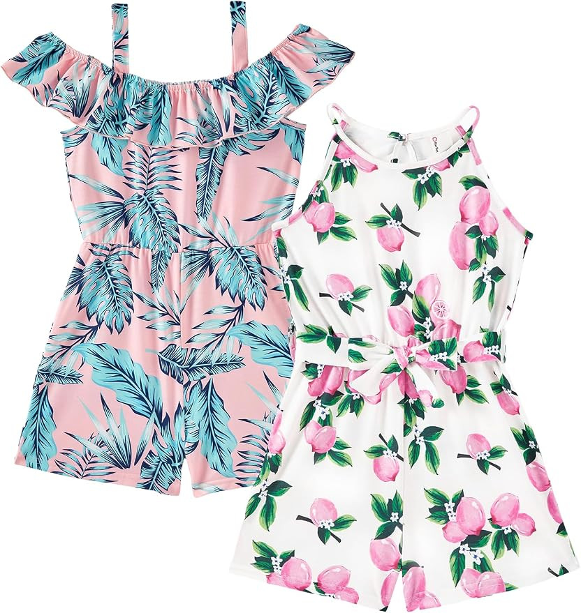 PATPAT Girls 2 Pack Rompers 5-12 Years Spaghetti Strap Floral Print Short Jumpsuits Cute Summer O... | Amazon (US)