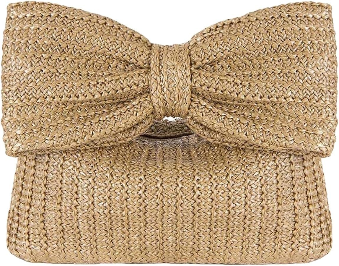 Verdusa Women's Bow Wrist Handbags Woven Purse Top Handle Straw Clutches Khaki One-Size | Amazon (US)