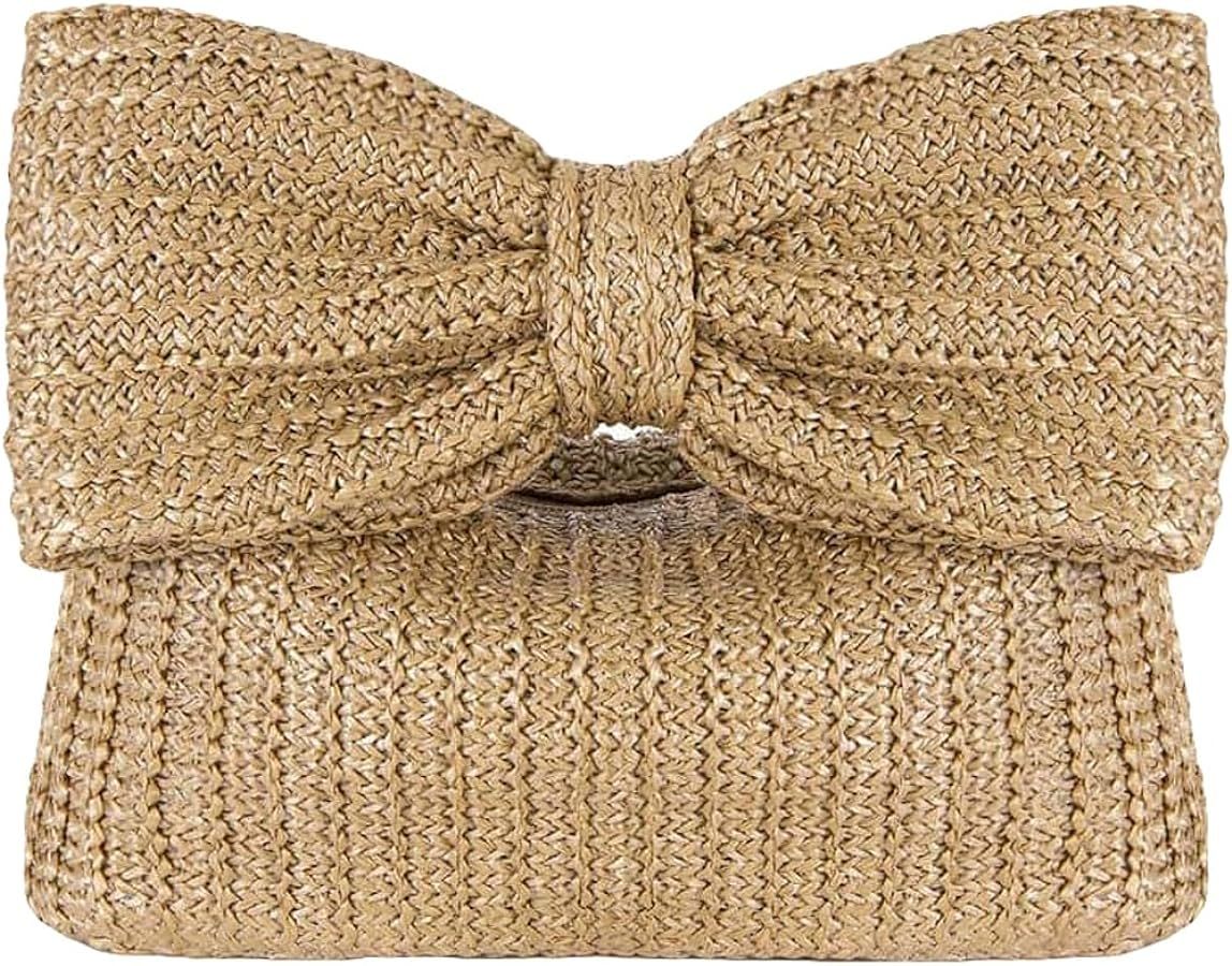 Verdusa Women's Bow Wrist Handbags Woven Purse Top Handle Straw Clutches Khaki One-Size | Amazon (US)