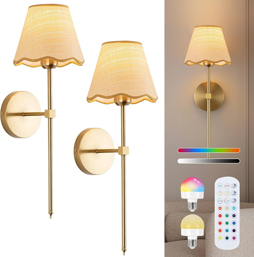 ADISUN Battery Operated Wall Sconce Set of 2, Gold Wall Lamps Rechargeable Bulbs for Living Room,... | Amazon (US)