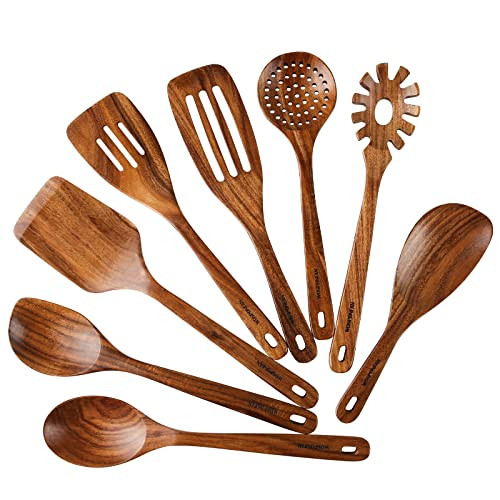 Wooden Spoons for Cooking, 8 PCS WOSPONFAN Kitchen Utensils Set, Wooden Utensils for Cooking - Wooden Spoons, Spatula Set, Slotted Spoon, Handmade Acacia Wooden Spoon Set | Amazon (US)