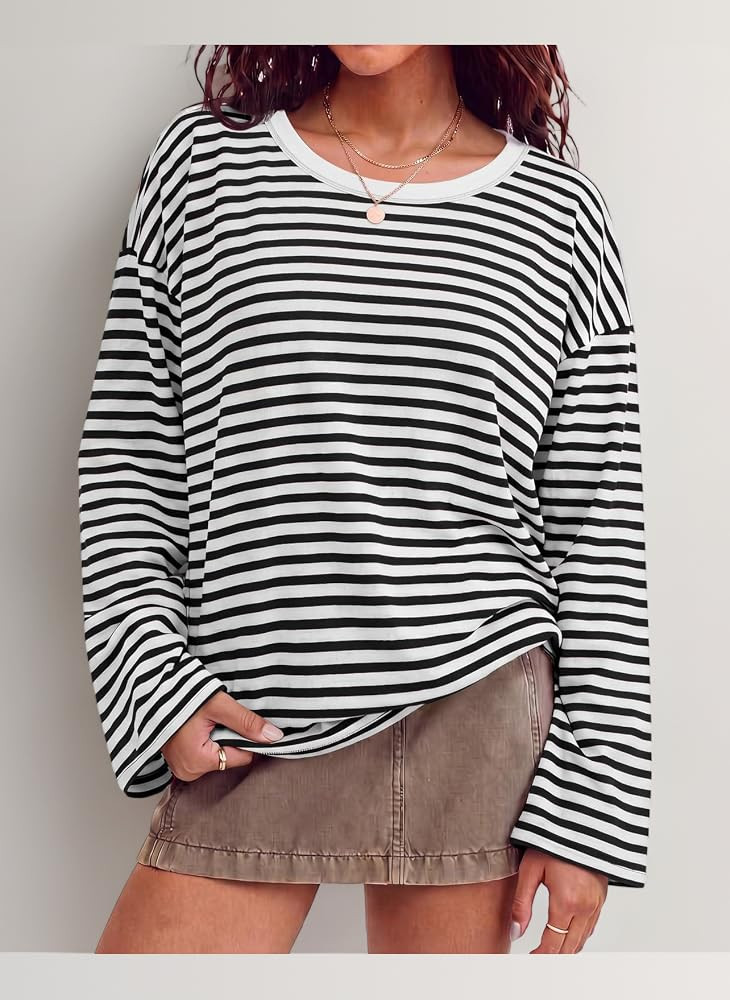 Elesomo Women's Long Sleeve T Shirt Crew Neck Striped Tops | Amazon (UK)