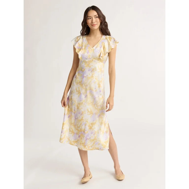 Time and Tru Women's and Women’s Plus Silky Satin Midi Dress with Flutter Sleeves, Sizes XS-4X | Walmart (US)