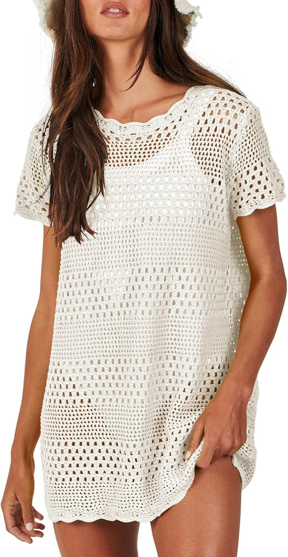 ANRABESS Women Swimsuit Crochet Swim Cover Up Summer Bathing Suit Swimwear Knit Short Sleeve Pull... | Amazon (US)