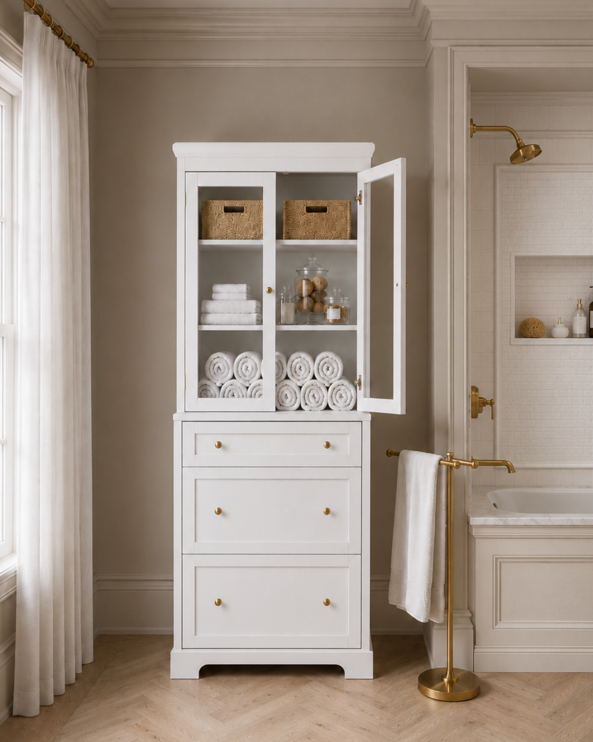 Bathroom storage can still look beautiful. A white linen cabinet, rolled towels, woven baskets, glass jars, brass hardware, and a freestanding towel stand make this space feel organized, classic, and styled without adding clutter. Perfect for a primary bath, guest bath, or linen storage refresh.

I may receive a commission from purchases made through my links. 

 #LTKHome
