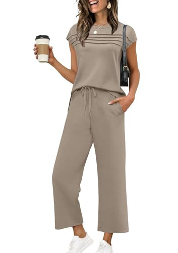 WIHOLL Two Piece Sets for Women Summer Casual Lounge Set Vacation Travel Outfits Matching Sets Women's Clothing Airport Wide Leg Crop Pants Cap Sleeve Tops S | Amazon (US)