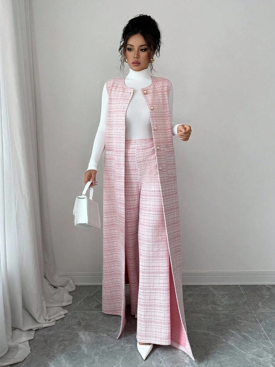 Elenzga 2pcs Women's Elegant Commuter Knit Long Cardigan Jacket And Straight Leg Pants Set, Faux ... | SHEIN