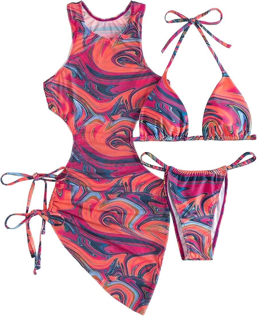 3 Piece Swimsuits for Women Padded Floral Print String Bikini Sets Bathing Suit Set Sexy Cutout H... | Amazon (US)