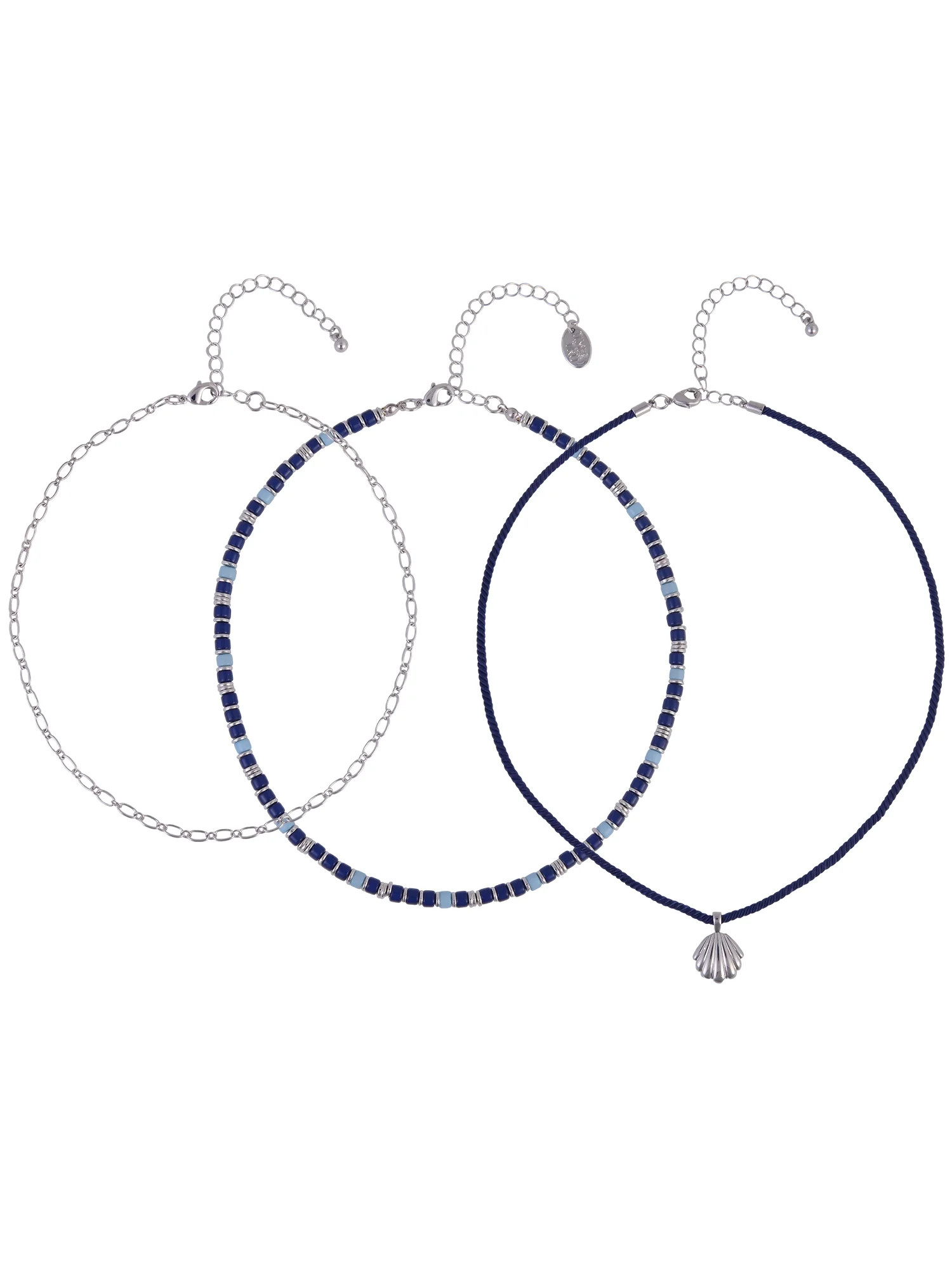 Time and Tru Silvertone 3pc Blue Bead Metal Shell CharmLayered Necklace - Walmart.com | Walmart (US)
