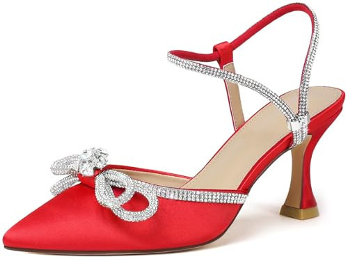 Susanny Red Sparkly Heels for Women: Sexy High Heels with Bow Rhinestone Wedding Pointy Toe Backless Pumps Ankle Strap Kitten Heels Dress Heeled Sandals 12 | Amazon (US)