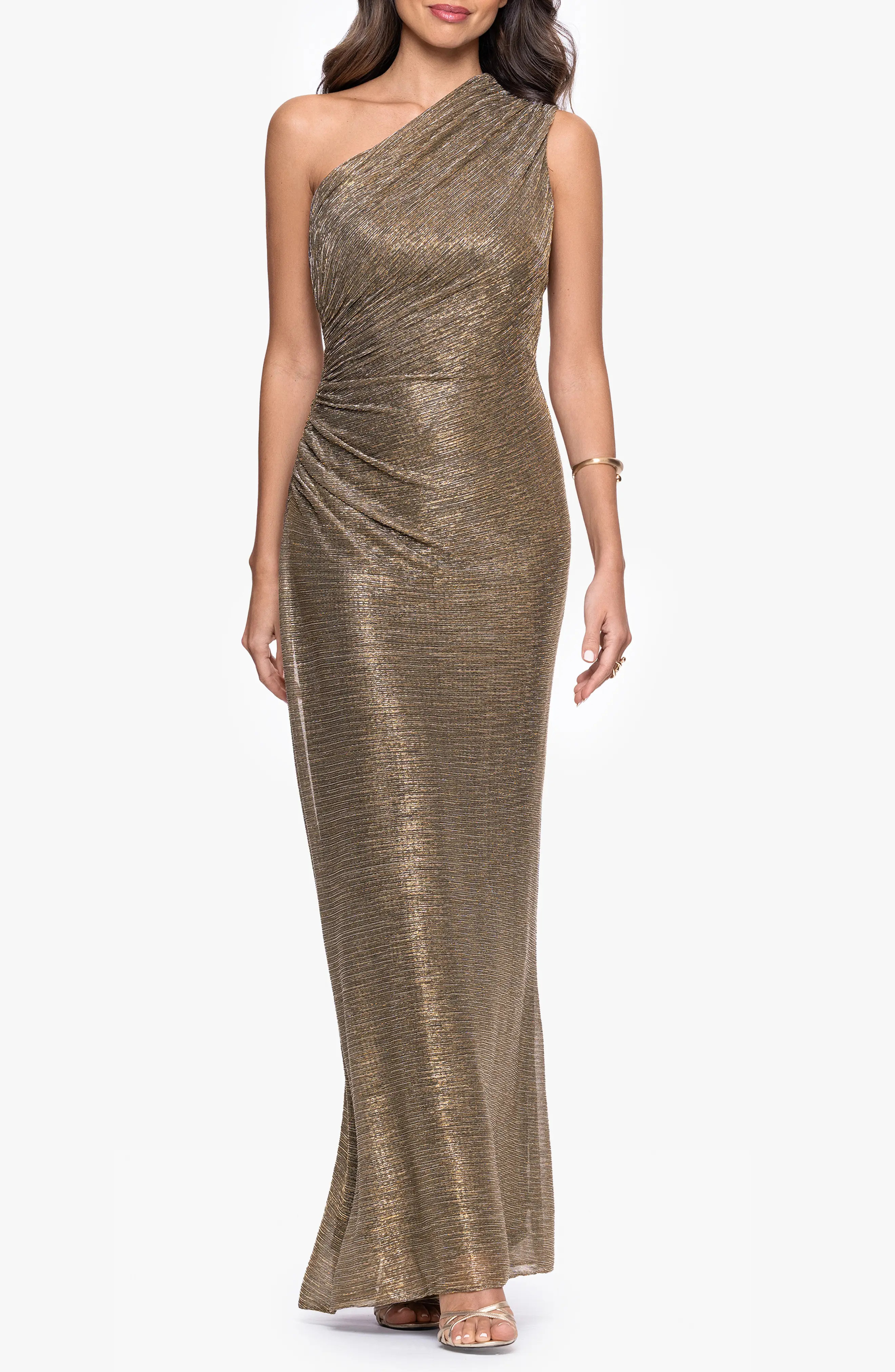 Betsy & Adam One-Shoulder Metallic Crinkled Column Gown in Mocha/Gold at Nordstrom, Size 12 | Nordstrom