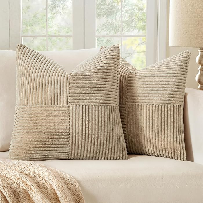 MIULEE 24x24 inch Euro Cream Corduroy Pillow Covers Pack of 2 Boho Decorative Spliced Throw Pillo... | Amazon (US)