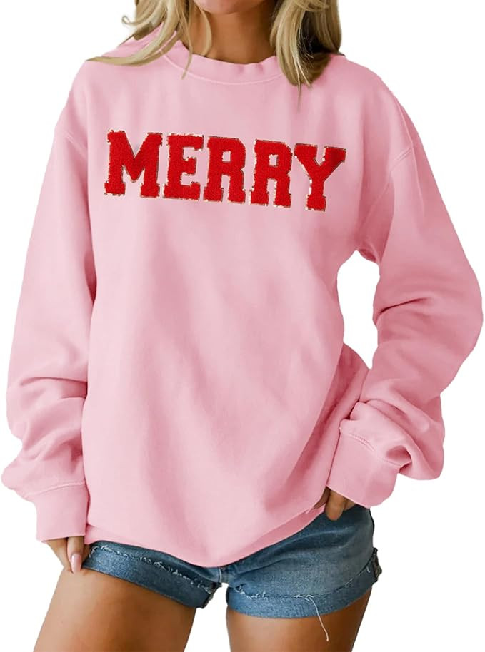 IZYJOY Christmas Women's Merry Graphic Sweatshirt Chenille Patch Letter Printed Crewneck Xmas Gif... | Amazon (US)