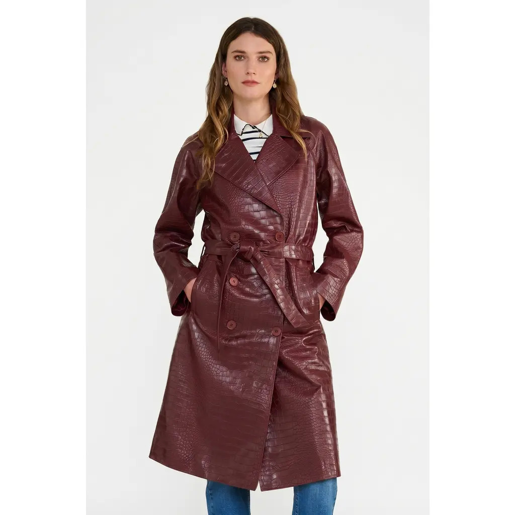 FURNIQ UK Sloane Croc-Embossed Leather Trench Coat in Burgundy at Nordstrom, Size Medium | Nordstrom