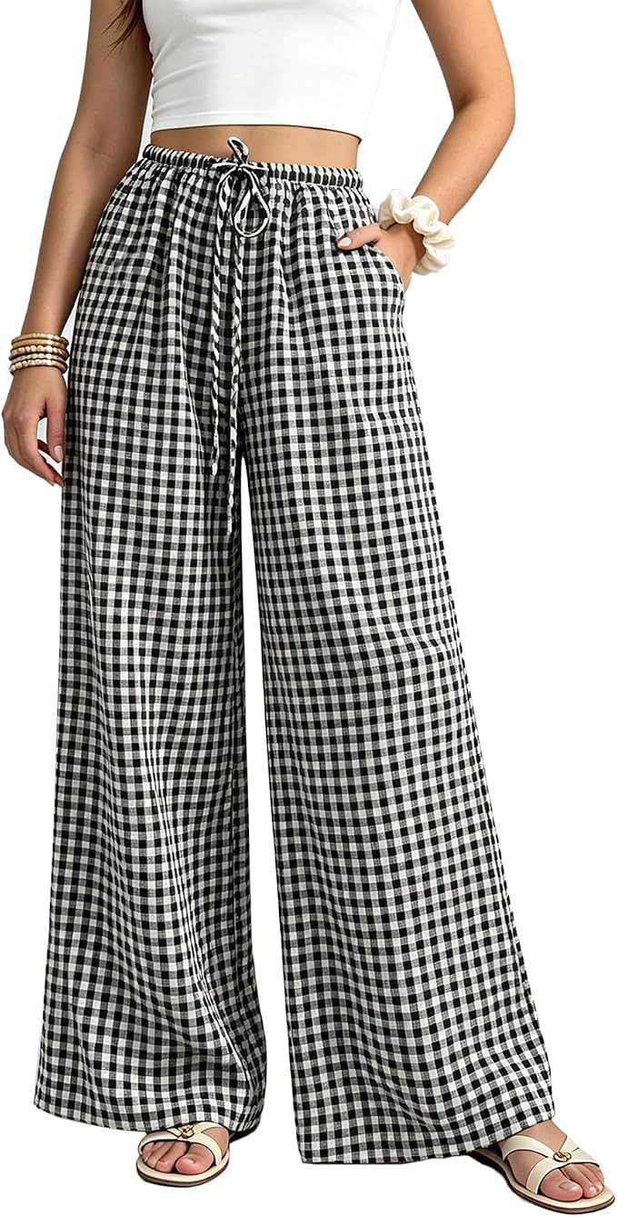 Duyang Women's Striped Gingham Pants Wide Leg Lounge Pant Casual Plaid Bottoms Checkered Elastic ... | Amazon (US)