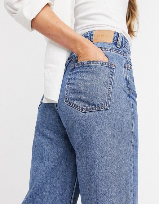 Weekday Ace organic cotton high waist wide leg  jeans in mid blue | ASOS (Global)