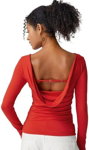 QINSEN Women's Cowl Back Long Sleeve Shirts Boat Neck Double Lined Going Out Tops Stretchy Fitted... | Amazon (US)