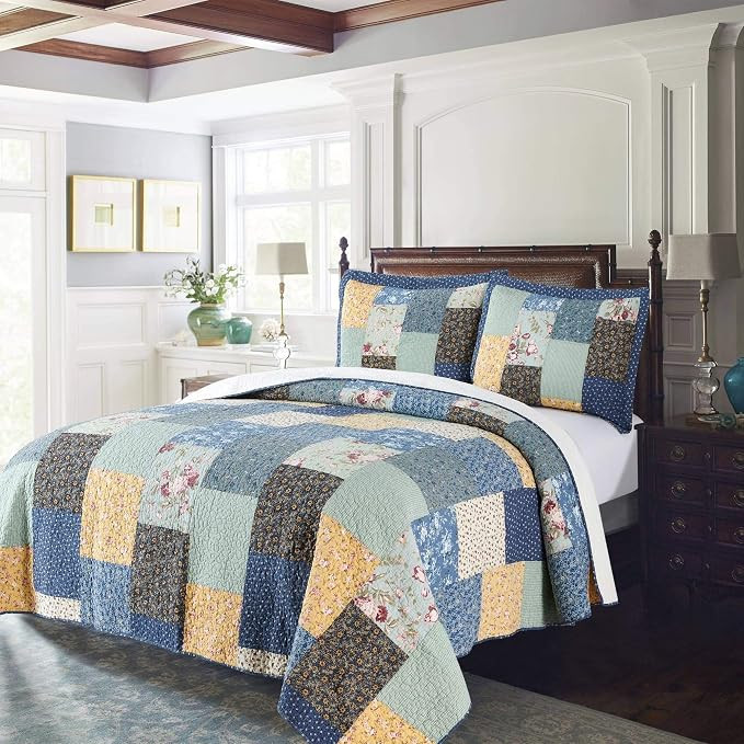 KASENTEX Authentic 100% Cotton Quilt Easy-Clean Contemporary Multi-Patchwork, Embroidery Square P... | Amazon (US)