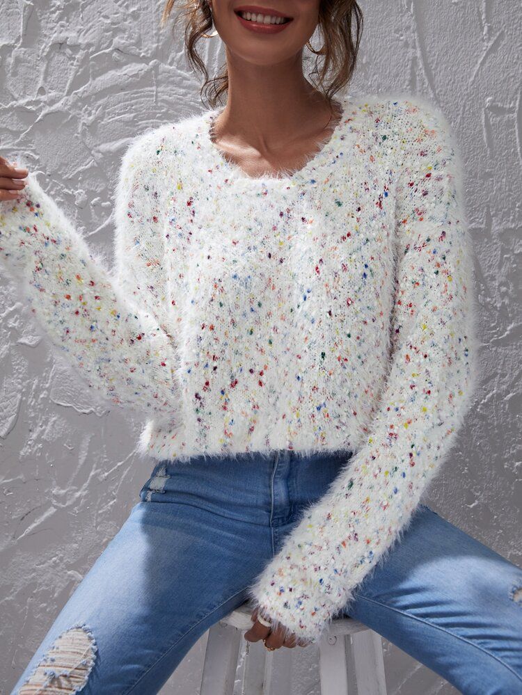Felegant Marled Knit Drop Shoulder Fuzzy Sweater | SHEIN