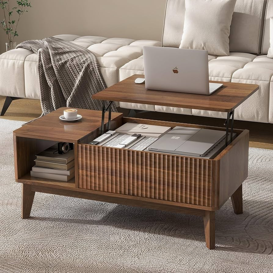 LYNCOHOME Fluted Lift Top Coffee Table with Hidden Compartment, Modern Center Table for Living Ro... | Amazon (US)