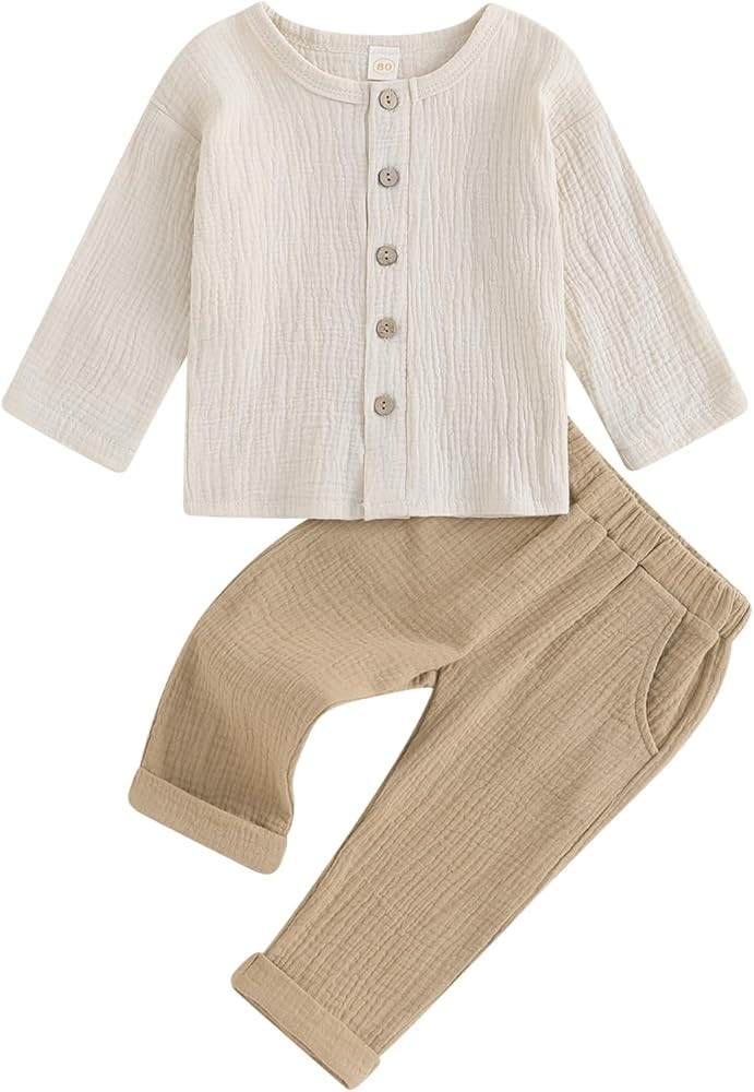 KMBANGI Kids Toddler Baby Boy Linen Cotton Outfit Long Sleeve Button-Down Shirt Tops + Pants 2Pcs... | Amazon (US)