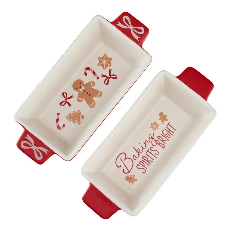 Holiday Time Glazed Stoneware Bake & Serve Mini Loaf Pan, Multicolor Stripes & Gingerbread (2 Pac... | Walmart (US)