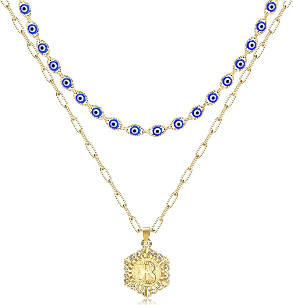 KissYan Layered Evil Eye Initial Necklaces for Women, 14K Gold Plated Hexagon Letter Pendant Dain... | Amazon (US)