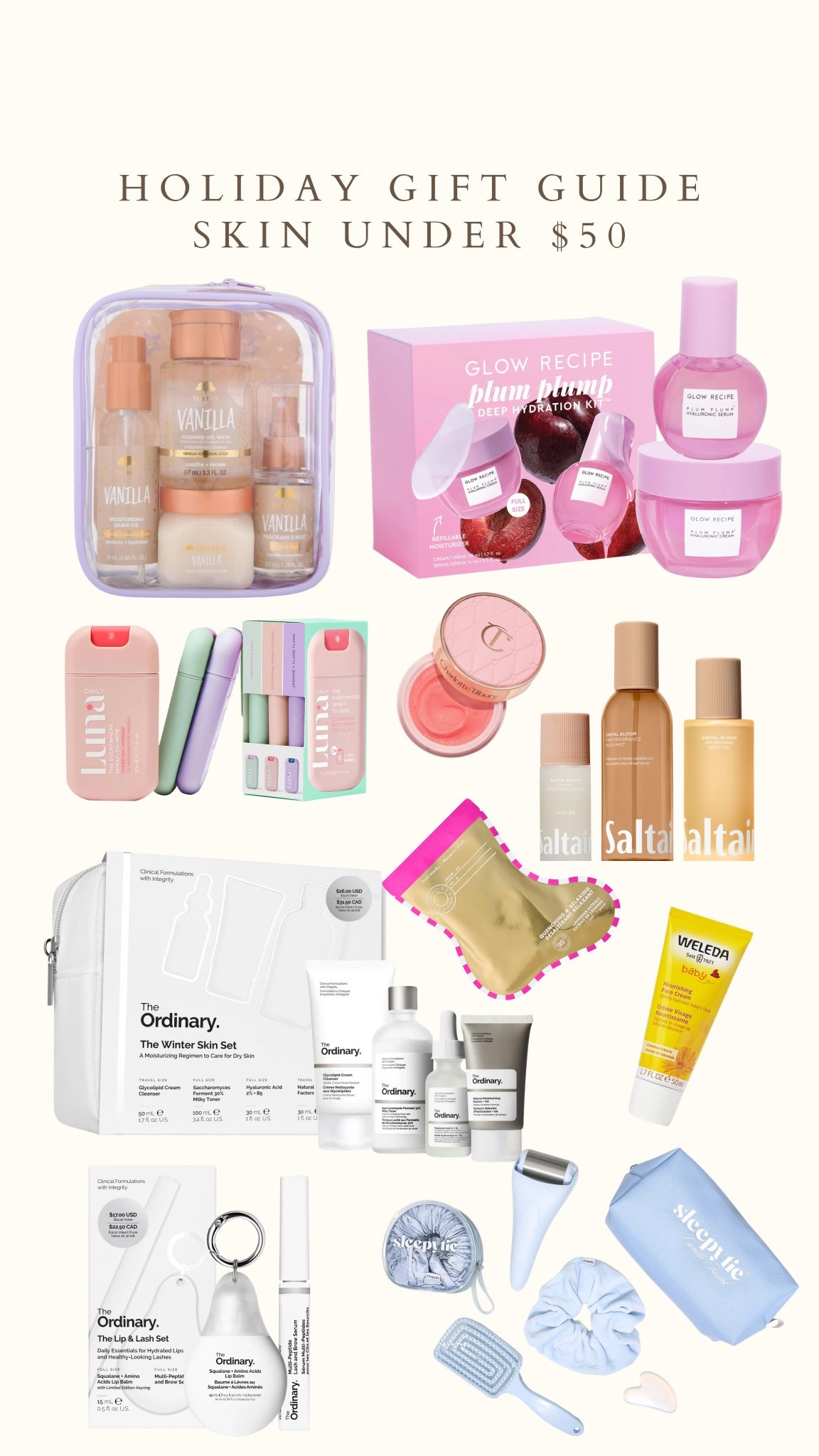 The Luxy Drip holiday gift guide skin under 50🫶🏼 check out my website the theluxydrip.com for the full download (for free!) 