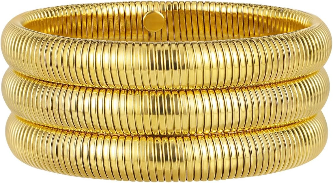Gold Bangles Bracelet Set for Women, 18K Gold Plated Chunky Stainless Steel Non Tarnish Stretch B... | Amazon (US)