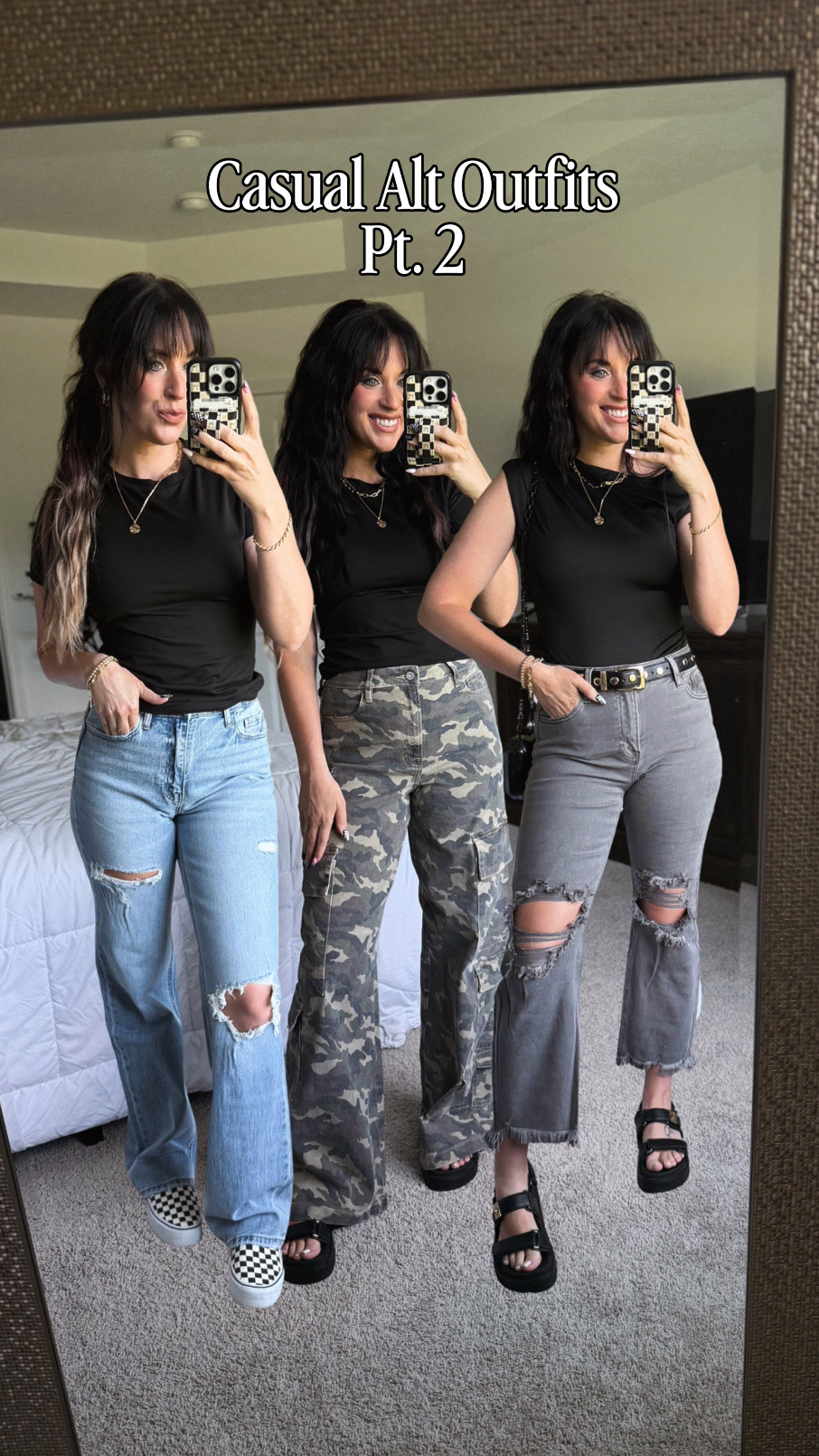 Casual everyday alternative outfits. 
I’m 5’7 and a normal medium in bottoms. 

Denim jeans- I’m in the size 27
Camo jeans- I’m in the size 27
Grey Jeans - I’m in the size 7/28

#LTKootd #LTKmomlife #LTKTall