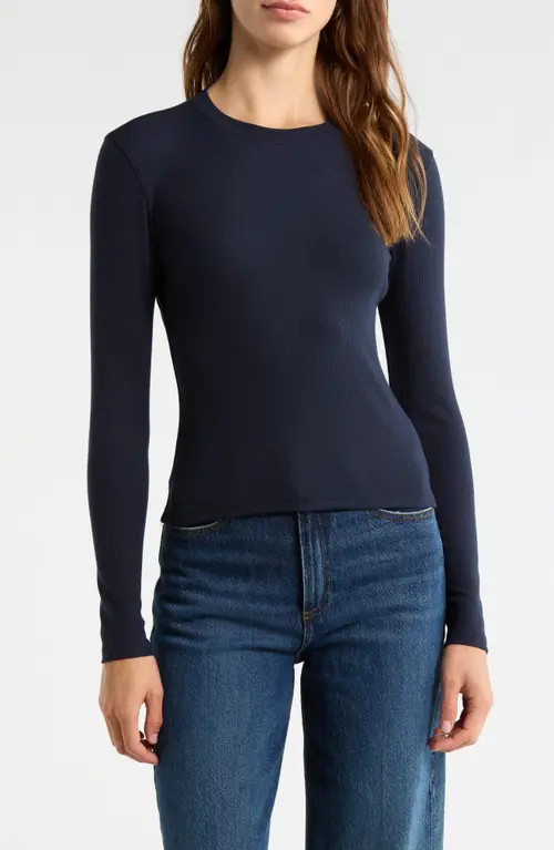 FRAME The Long Sleeve Rib Crewneck T-Shirt in Navy at Nordstrom, Size Medium | Nordstrom