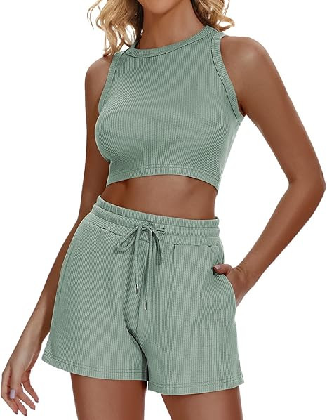 Funlingo Women's 2023 Summer Waffle Knit Sleeveless Crop Top and Shorts Set 2 Piece Lounge Pajama... | Amazon (US)