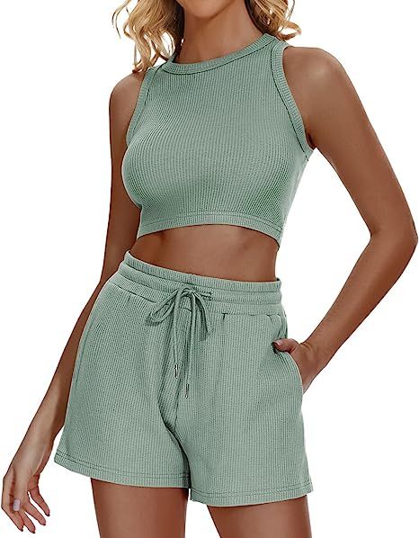 Funlingo Women's 2023 Summer Waffle Knit Sleeveless Crop Top and Shorts Set 2 Piece Lounge Pajama... | Amazon (US)