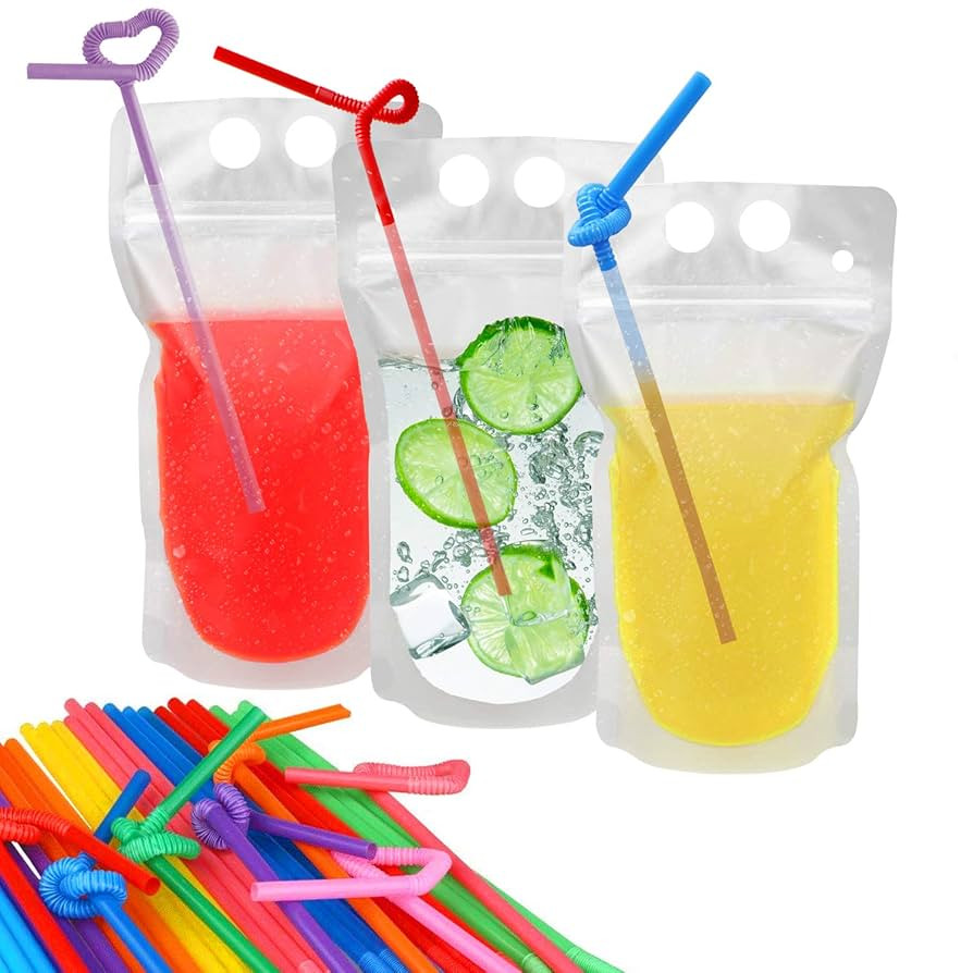 100 Pcs Drink Pouches with 100 Straw Holes, Freezable Juice Pouches, Translucent Reclosable Zippe... | Amazon (US)